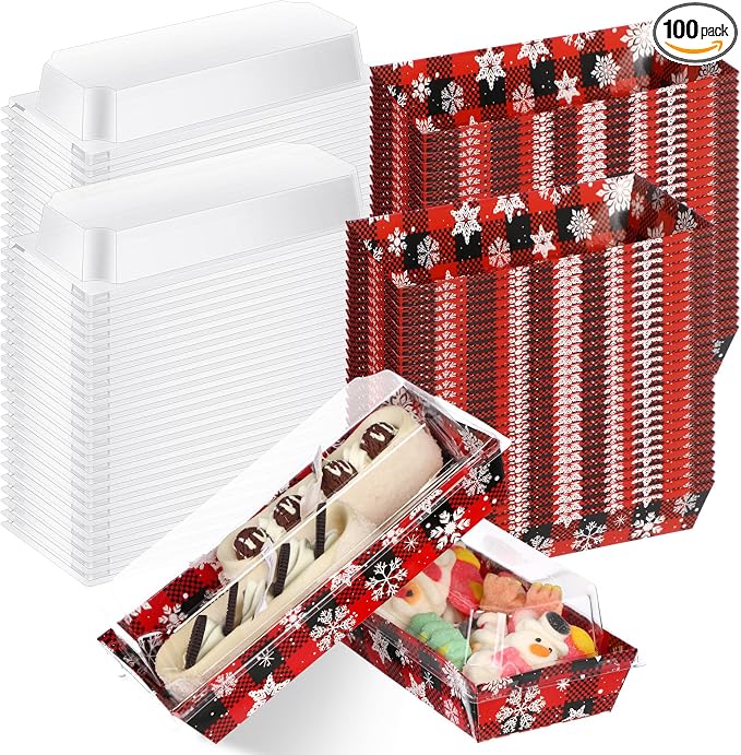 Bokon 100 Pack Christmas Charcuterie Boxes with Clear Lids, Red and Black Snowflake Cookie Boxes with Window, Disposable Food Containers Candy Treat Gift Tins for Sandwich, Cookie, Cake Slice