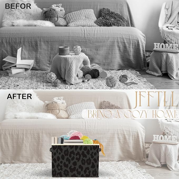 Black Leopard Print Storage Bins with Handles, Cheetah Print Room Decor, Trendy Leopard Collapsible Laundry Basket Storage Box for Home Bedroom Bathroom Clothes Toys Books