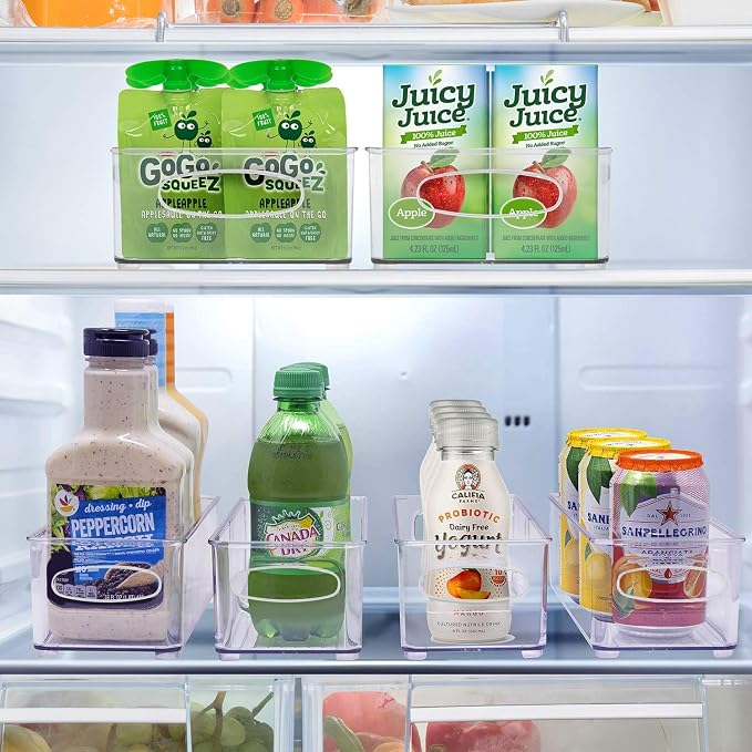 Sorbus Fridge Organizers and Storage, Clear Bins with Handles (4 Pack) | Built-in grips support easy access and transport; plastic containers organize food in freezers, drawers and countertops.