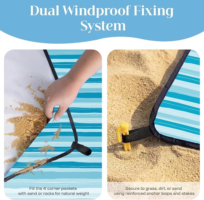 OIGAE Beach Blanket Waterproof Sandproof Oversized Beach Mat | Picnic Mat with Stakes, Storage Bag - Essentials for Outdoor Beach, Picnic,Quick-Dry Lightweight,Windproof Pockets