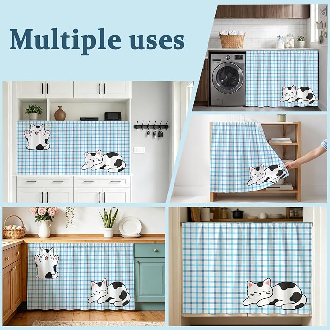 Cute Cat Sink Skirt for Bathroom, Self-Adhesive Under Sink Curtain, Blue Purple Checked Modern Pet Cats Rustic Hide Pipes & Storage Fabric Cabinet Skirt Cover for Kitchen Laundry 32"x55"