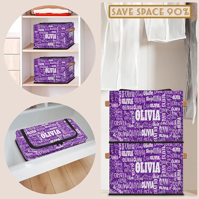 Custom Name Storage Bin with Lid Zipper, Personalized Rectangular Storage Basket with Handles for Organizing Girls Toys Office Closet Shelf Baskets, Bright Color Purple Sequins Pattern Print