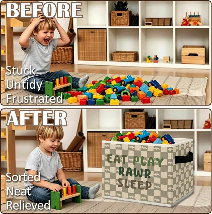 Dinosaur Nursery Cube Storage Bins with Handles, Eat Play Rawr Sleep Playroom Collapsible Fabric Storage Basket Boxes Books Clothes Organizer for Kids Toddler Boys Room Bedroom Bathroom