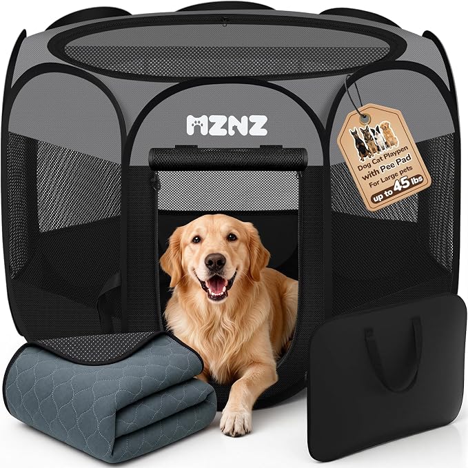Dog Cat Small Animal Puppy Playpen with Pee Pad, Large, Dark Grey | Portable Pop Up Pet Crate Cage Enclosure Tent Kennel Indoor Outdoor with Carrying Case, No Assembly, Camping Use