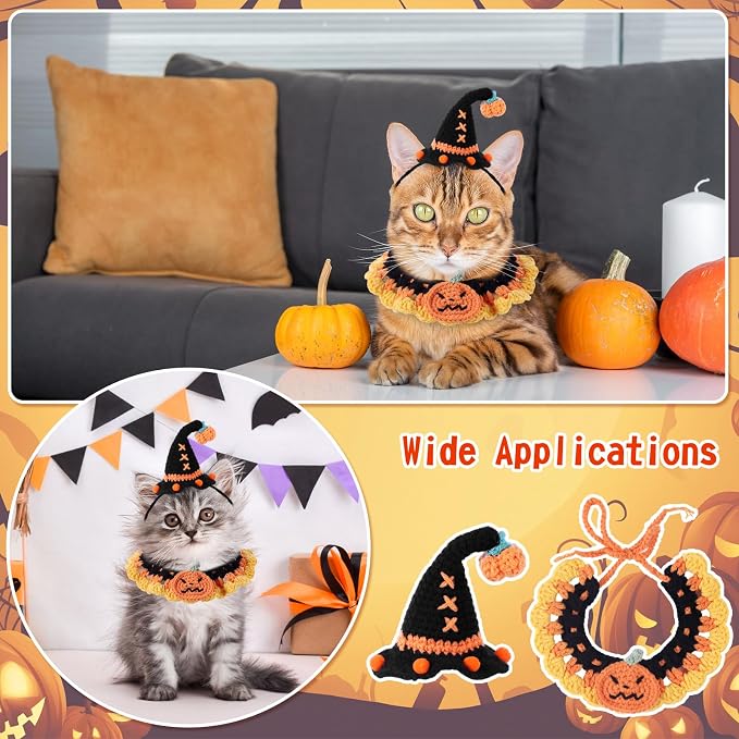 Kunyeah Halloween Pet Costume Set for Cats Small Dog Adjustable Knitted Hat Scarf Pumpkin & Witch Print Puppy Bib Cute Crochet Cat Collar Cap Pet Apparel Outfit (Orange-Pumpkin)