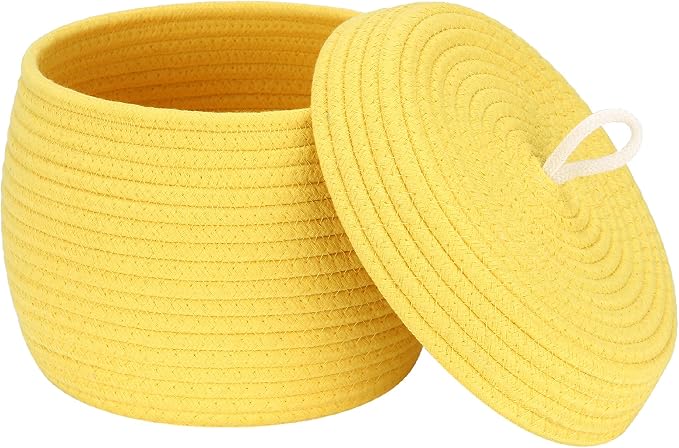 Sea Team Round Woven Cotton Rope Storage Basket with Lid, Yellow | Lidded Knitted Decorative Storage Bin, Pot, Caddy, Organizer, Container for Snacks, Towels, Plants, 10 x 7.5 Inches