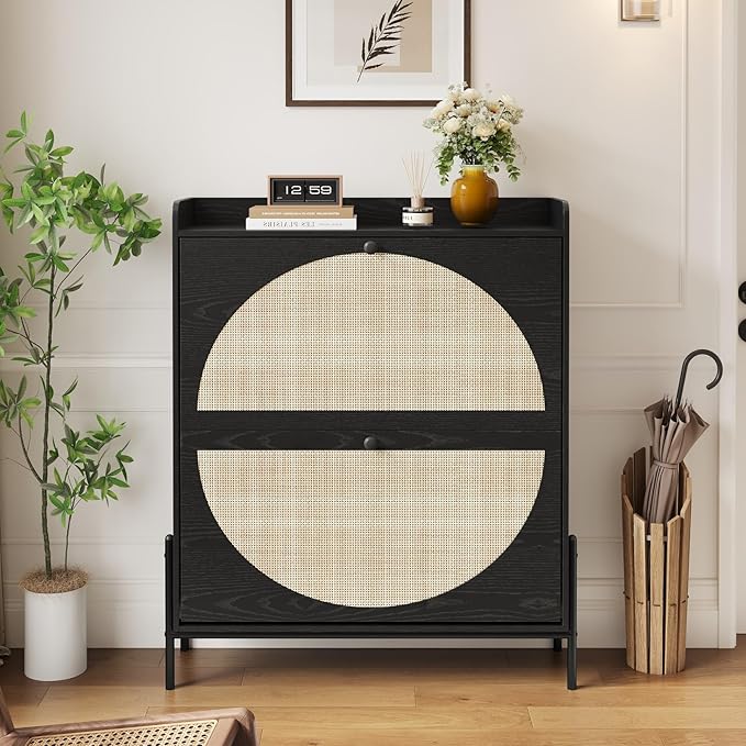 Rattan Shoe Cabinet Storage,Narrow Shoe Rack for Entryway with 2 Flip Drawers, Freestanding Wooden Shoe Organizer Cabinet with Metal Legs for Hallway