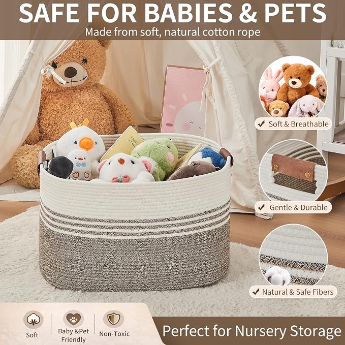 Laundry Hamper with Handles, 72L Rope Laundry Basket, Brown | Cotton rope clothes hamper with leather handles holds blankets, pillows, toys and laundry in nursery, bedroom or living room