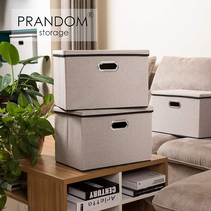 Large Foldable Storage Bins with Lids [3-Pack] linenFabric Decorative Storage Boxes Organizer Containers Baskets Cube with Handles Divider for Bedroom Closet Office Light Grey(17.7x11.8x11.8)