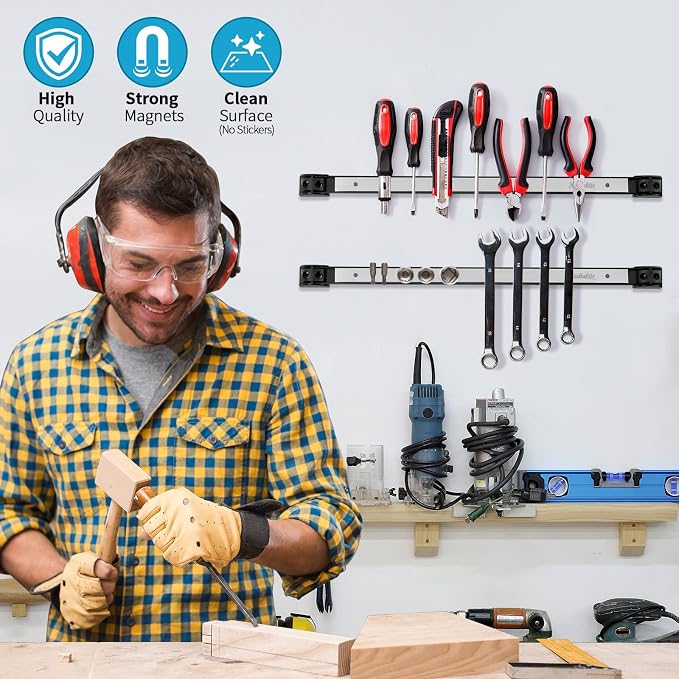 4 Pieces 18" Magnetic Tool Holder Strip, Stainless Steel Surface Tool Magnet Bar, Metal Tool Organizer Rack for Garage Organization, Easy To Install in Workshop, Mounting Screws Included