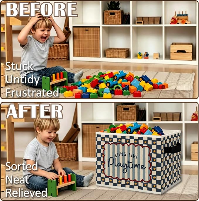 Kids Playroom Cube Storage Bins with Handles, Long Live Playtime Blue Checkered Collapsible Fabric Storage Basket Boxes Books Clothes Organizer for Kids Boys Bedroom Playroom Bathroom