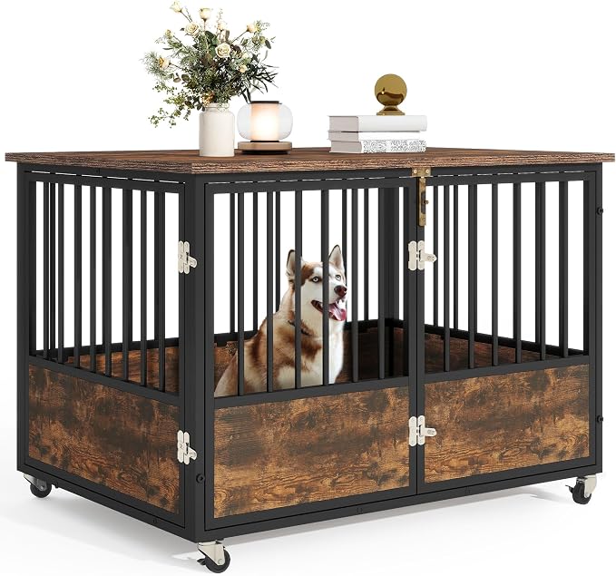 DWVO 43 Inch Dog Crate Furniture with Wheels & Double-Doors | Dog Kennel Indoor Furniture End Table, Farmhouse Decorative Wooden Dog Cage Table, Chew-Resistant, Rustic Brown