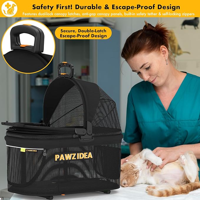 PAWZIDEA Portable Small Dog Crate for Car Travel Up to 33lbs, No-Zip Canopy | Enclosed Dog Car Seat Escape-Proof, Soft-Sided Small Medium Puppy Cats Car Kennel, Foldable Pet Carrier by Seatbelt, Top-Load