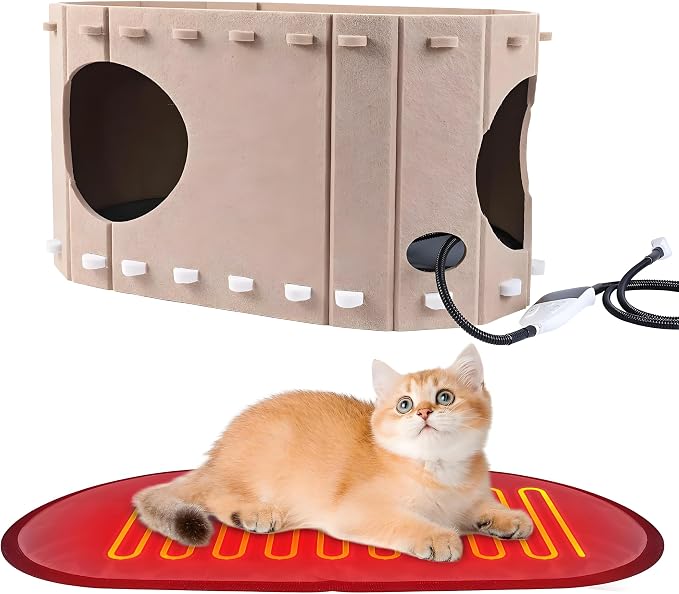 Largre Heated Cat House for Indoor & Outside Cats,Heated Pet Bed with Timer & Temp Adjustable Heating Pad for Indoor Kitty, Scratch Resistant Caves（23 * 12 * 13inch）