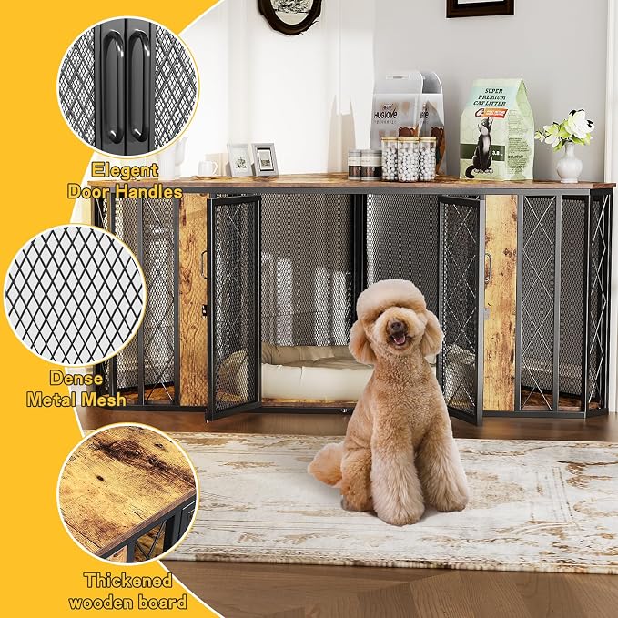 Spacesea Extra Large Corner Dog Crate Furniture, Heavy Duty Indoor Dog Kennel, End Table & TV Stand in 1, Chew-Proof Metal, Retro Brown Wood Panels, Space Saving Large Breed Dog Cage for Living Room