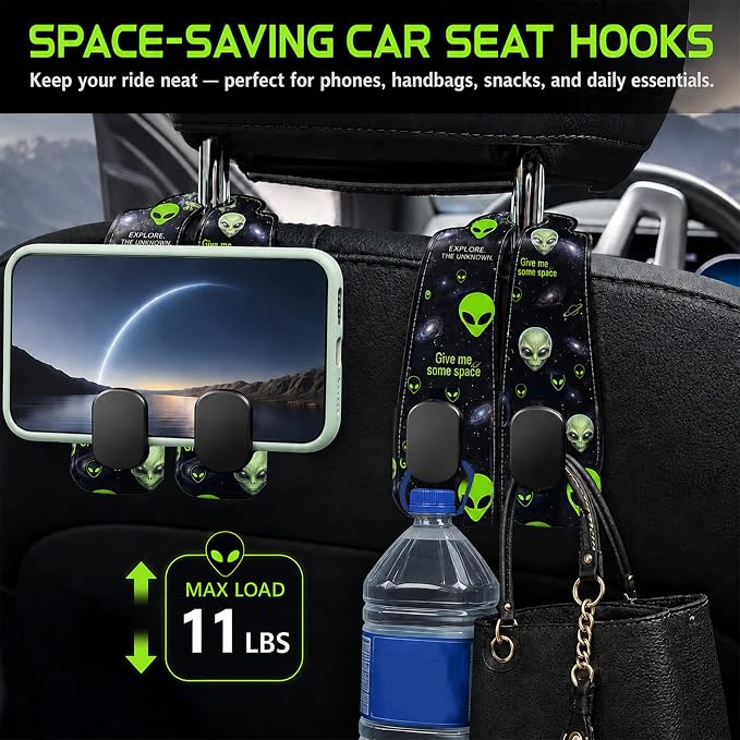 2 Pack Goth Skeleton Car Headrest Hooks for Purse Seat Back Hanger | Goth Skeleton Car Accessories Metal Hook,Spooky Gifts for Women Men,PU Leather Double Hook for Backseat Organizer