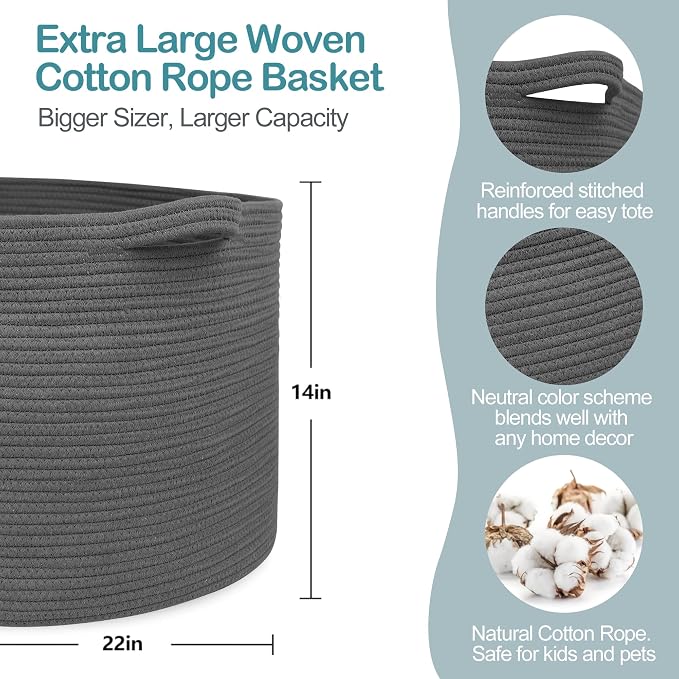 Large Dark Grey Storage Basket, Woven Cotton Rope Baskets for Storage, Big Blanket Organizer Storage Basket for Living Room, Kids Room Toy Storage Organizer Box, Blanket Keeper (22"x14")
