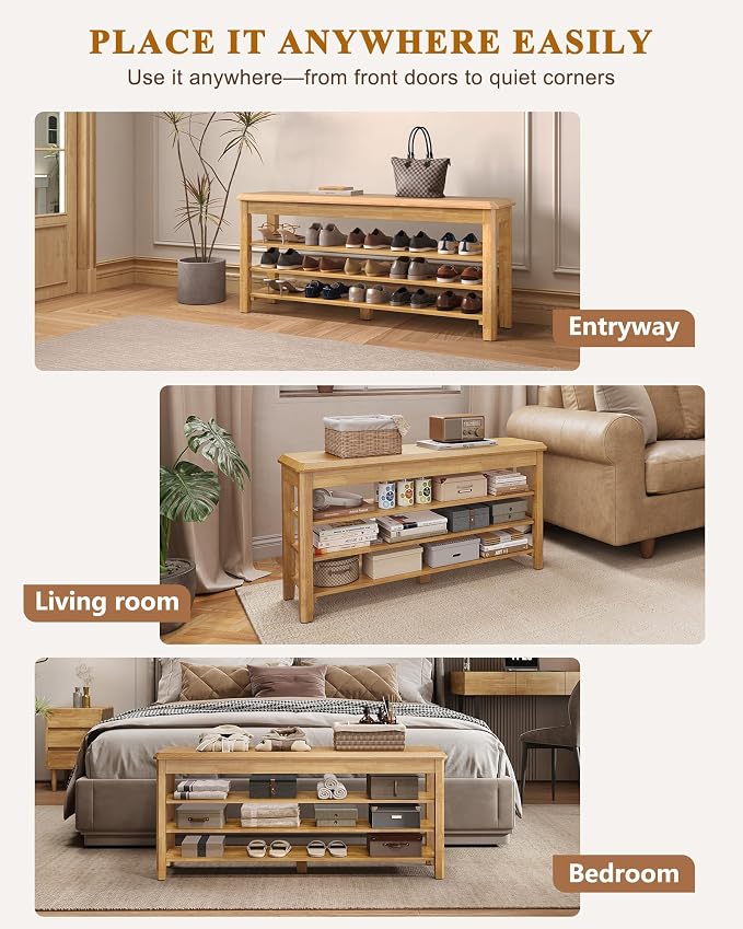 IUNVR Shoe Rack Bench Seat Rubberwood 3-Tier Wooden Storage Bench 550lbs Compact Mid-Century Modern Design for Entryway, Hallway, Closet, Front Door Entrance, Foyer
