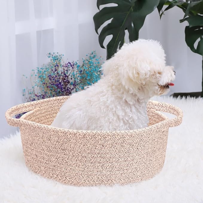 ABenkle Small Basket Empty Gift Basket, Decorative Boho Rope Woven Nursery Storage Organizer Dog Toy Baskets for Baby Showers Christmas Easter with Gift Bags and Ribbons, 12"X 8" X 5"