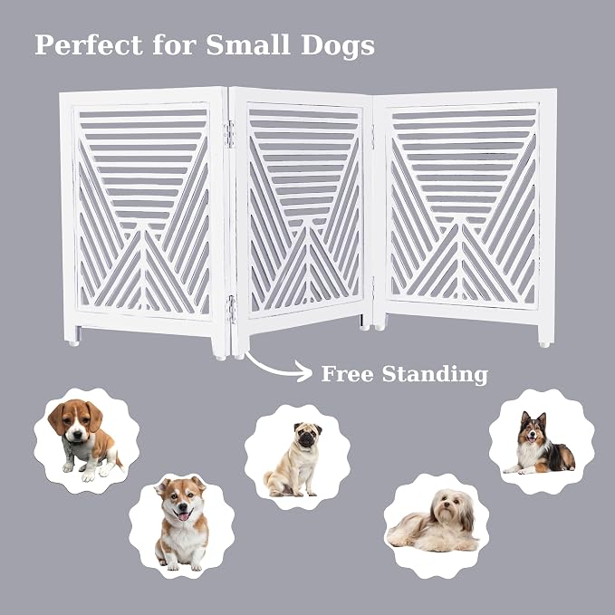Lightnpro 3‑Panel Wooden Dog Gate – Antique White Foldable Freestanding Pet Barrier, Extra‑Wide Indoor Safety Fence for Small Dogs & Puppies – 24x54 Inch Decorative Finish