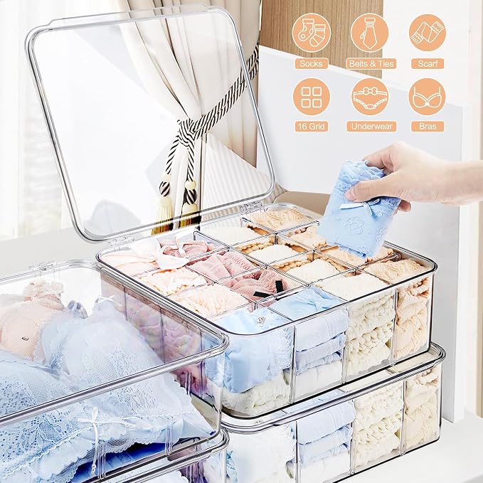 Sock Underwear Organizer, 16 Compartment Adjustable Dividers Tie Socks Underwear Drawer Organizers for Closet, Clear Plastic Storage Containers Box with Lids for Ties Scarf Socks Bras