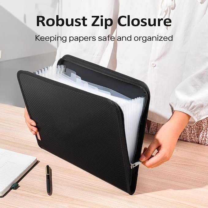 Sooez 13 Pocket Accordion File Organizer, Zipper Expanding File Folder A4 | Reinforced Plastic Accordion Folder Organizer, A4 Letter Size, Portable Folders for Documents, School Office Supplies, Grey