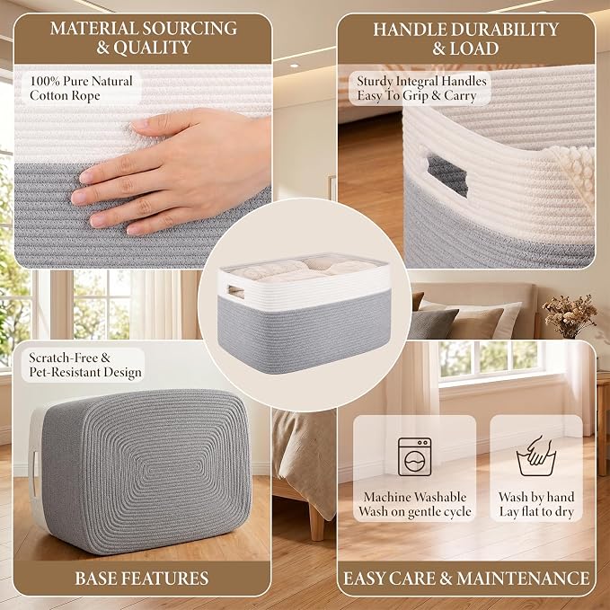 75L Large Cotton Rope Basket, Soft Toy Storage Bin for Nursery & Living Room, Decorative Blanket Basket for Bedroom, Baby-Safe Organizer for Pillows &Laundry, 22''×17''×12'', Grey and White