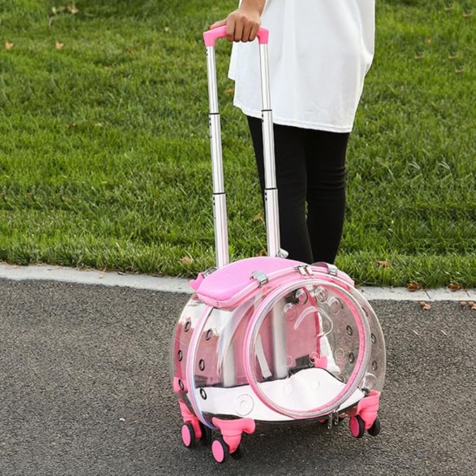 Pet Trolley Case with Upgraded Detachable Silent Wheels, Clear Ventilation Holes Cat Dog Carrier, Cat Dog Carrier with Telescopic Handle, Perfect for Traveling/Taking a Walk Pink