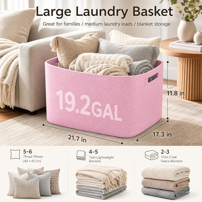 Cotton Rope Laundry Basket Large, 19.2GAL Collapsible Woven Storage Baskets for Living Room Kids Toys Stuffed Animal,Boho Rectangular Decorative Short Hamper for Dirty Clothes, Blankets Light Pink