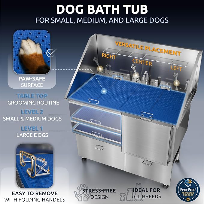Professional Dog Washing Station 304 Stainless Steel Pet Wash Sink | Grooming Bathtub w/Shower, Floor Grates and Storage for Large, Medium & Small Pets