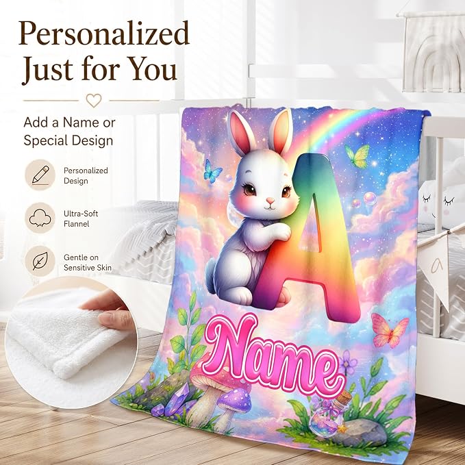 Personalized Blanket for Girls Bunny Throw, Custom Initial Name Kid Blanket | Kids Gift for Daughter, Cute Rabbit Blanket, Soft Touch, Living Room Throw
