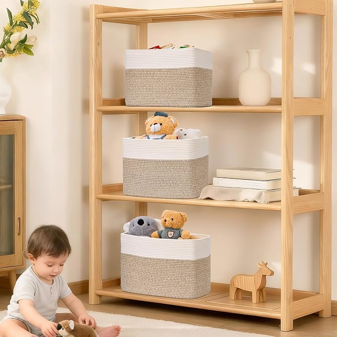 3 Pack Cube Storage Bin, 17”x12”x12” Cotton Rope Woven Baskets for Organizing Toys Clothes Towels, Square Gift Storage Baskets for Shelves, Nursery, Closet, Bathroom, Pantry (White & Jute)