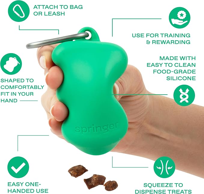 Springer Springland Dog Treat Pouch for Effort-Free Squeeze Dispensing - Easy-Fill, Food-Grade Silicone Treat Pouches for Pet Training - Includes Carabiner-Green