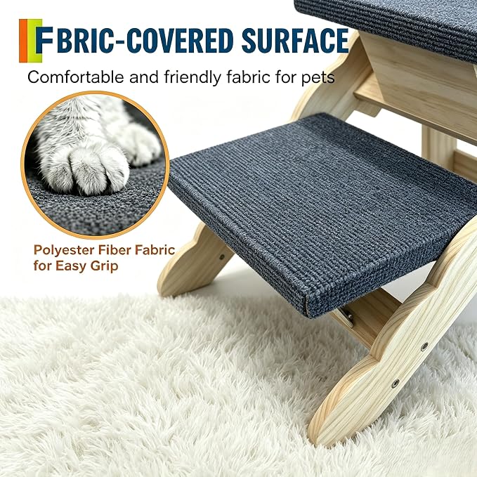 Wooden Pet Stairs, 2-in-1 Folded Pet Steps for Beds, Anti-Slip Dog Ramp with 3 Steps for Small Medium Large Pet, up to 150 lbs