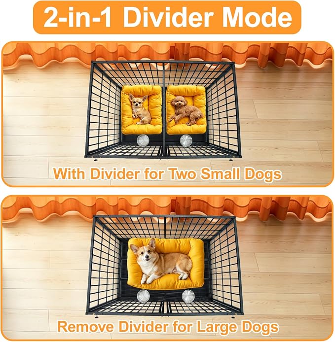 Homey Pet Taller 43" Heavy Duty Double Dog Crates with Divider & Dual Door | Drop Cage for Dogs with Lockable Wheels, Bowls, Removable Tray, Top Access, Ideal for Small to Medium & Large Dogs, Breeders