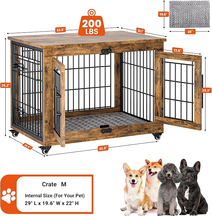 Medium Dog Crate Furniture, 32'' Heavy Duty Kennel w/Cushion & Wheels | Rustic Brown, Double Doors, Wooden Dog Cage, Chew-Resistant, End Table, Decorative, 27"/32"/38"/44" Options, Indoor