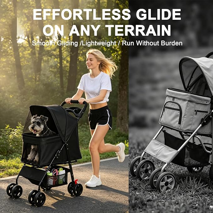 Foldable Pet Stroller for Small Dogs & Cats Up to 28 lbs, 360° Mesh