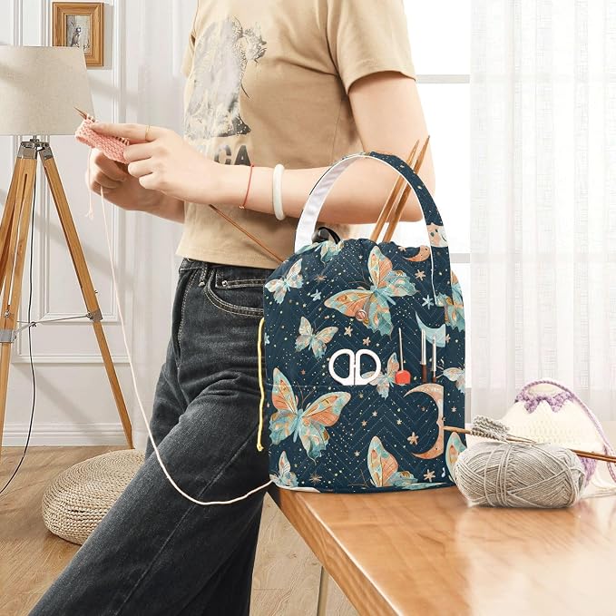 Fustylead Watercolor Hand Draw Butterflies and Moon Stars Yarn Crochet Tote Basket, Large Knitting Drawstring Organizer Yarn Storage Bag for Crocheting Project, Sewing Supplies, Yarn Balls, Needles