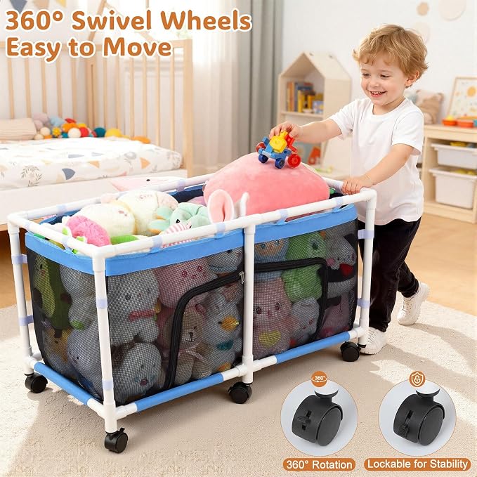FIOBEE Toy Box for Girls Boys with See-Through Mesh & 360° Rotating Wheels | Kids Toy Chest Organizer, Stable Structure & Easy Install, Extra Large Storage Bin for Clothes, Ball, Pet Toys, Swimming Ring