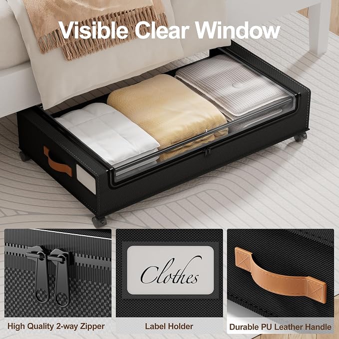 LAMU Under Bed Storage with Wheels, 2Pack Underbed Storage Containers,Black | Smooth-rolling Wheels, Clear Lid & Label, Sturdy Metal Frame, Easy Install, Rolling Storage Drawers for Clothes, Shoes, Toys