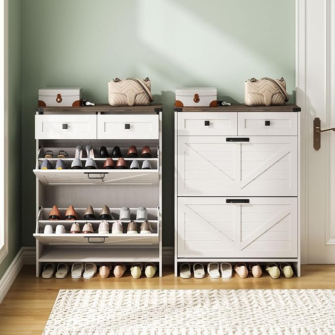 Halitaa Shoe Cabinet with 2 Flip Drawers & 2 Drawers,Farmhouse Shoe Storage Cabinet for Entryway,Slim Freestanding Narrow Organizer Rack for Front Door Entrance,White