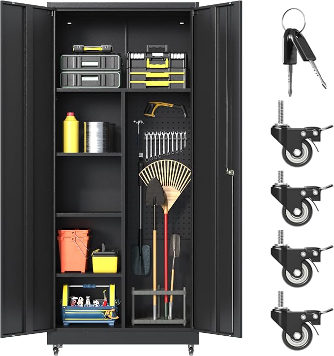 71''H Metal Garage Storage Cabinet, Broom Storage Cabinet with Lock | Tool Storage Cabinet, Steel Tool Cabinet with 2 Doors and Shelves for Garage, Warehouse, Assembly Required, Black