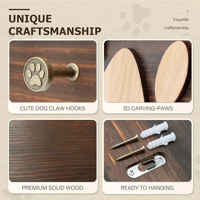 MTERSN Decorative Dog Leash for Wall with 6 Key Hooks for Entryway, Brown | Unique 3D Pet Claw Hooks, Leash Holder for Wall, Coat Rack for Hats & Wallets, Dog Accessories Organizer for Wall Decor