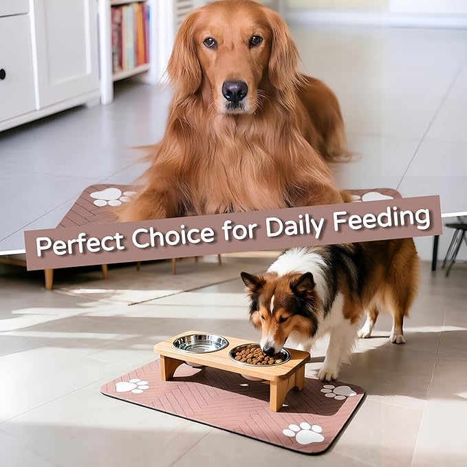 Pet Feeding Mat-Absorbent Dog Feeding Mat for Food and Water Bowl,No Stains Pet Placemat,Quick Drying Water Dispenser Mat for Dog and Cat,Easy to Clean Dog Accessories(S,Dark Brown White Paw)