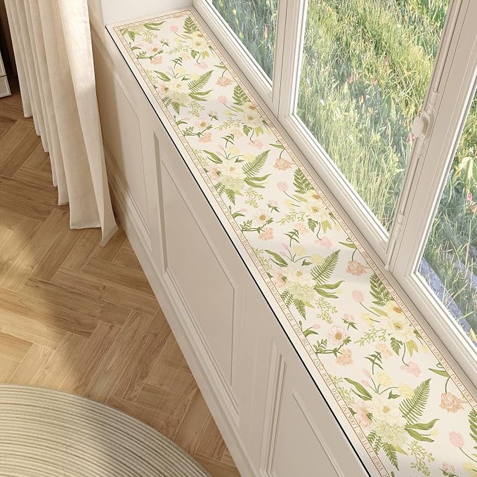 Cut-to-fit Narrow Window Sill Mat,Absorbent Window Sill Cushion Pad Non-Slip Backing,Customizable Decorative Window Sill Protector Cover for Dog Cat Pets(23.6" L x 19.6" W, Flower A)