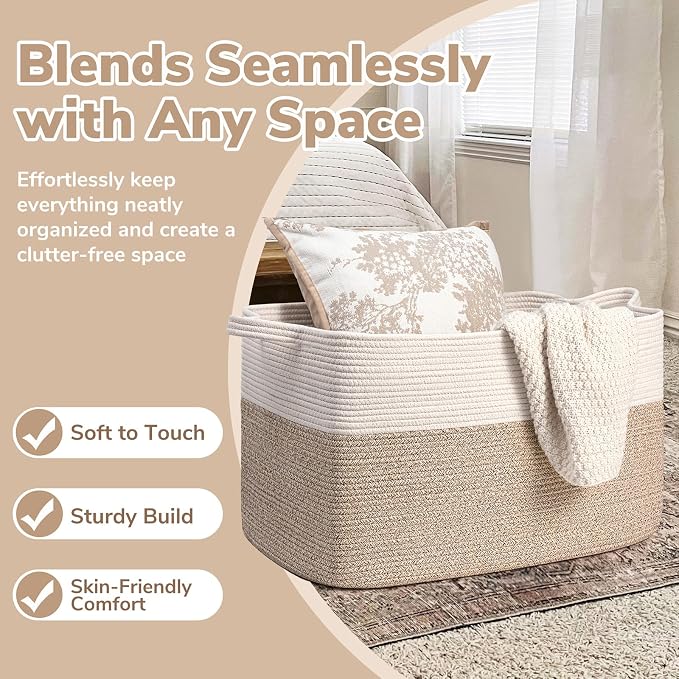Goodpick 85L Large Woven Rope Blanket Basket, White & Light Brown | 23.6'' x 15.7'' x 13.8'' Storage Basket for Blankets, Toys & Clothes, Nursery & Bedroom Organization, Reinforced Handles