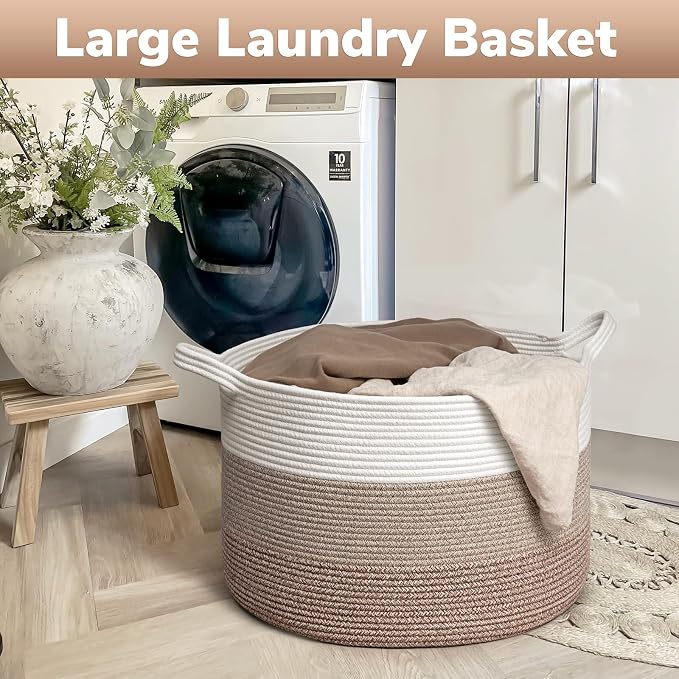 Goodpick Large Woven Basket for Blankets, Nursery & Living Room Decor, 85L | 19.7 x 19.7 x 12.6 In Storage Basket for Toys Shoes, Cute Baby Laundry Hamper for Towels, Clothes, Light & Brown