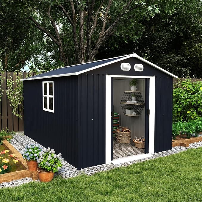 8x12 FT Outdoor Storage Shed, Metal Storage Shed with Lockable Door & Air Vents, Heavy-Duty Storage Tool Shed, Backyard Shed for Mowers, Bikes, Pool Gear, Dark Grey
