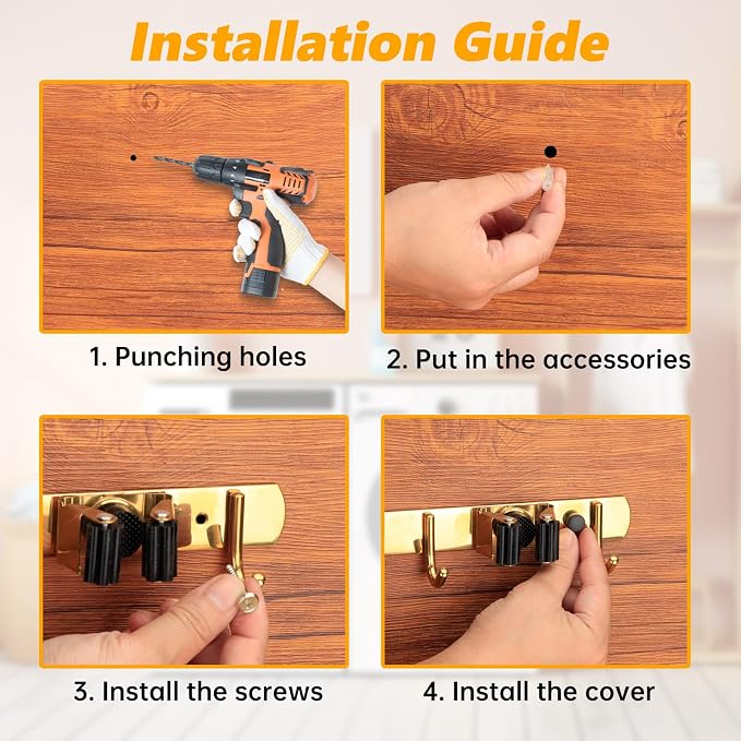 3 Racks and 4 Heavy Duty Hooks Mop and Broom Holder Wall Mount, Non-slip Organizer Storage Utility Tool Racks for Garage,Kitchen,Laundry Room,Garden. Gold