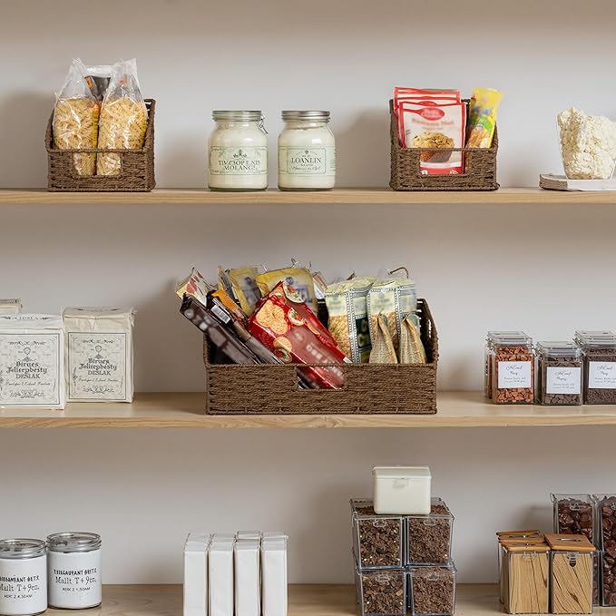 StorageWorks Pantry Storage Baskets, Shelf Baskets, Brown Baskets, 3-Pack | Paper Rope Pantry Baskets, Wicker Baskets with Handles, Handwoven Shelf Baskets for Organizing, Pantry Organizers and Storage